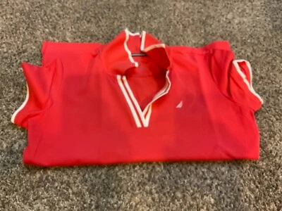 NWNT Nautica 女式 Poli 衬衫棉混纺女式 S 码珊瑚色/白色 — 第 1/4 张图片