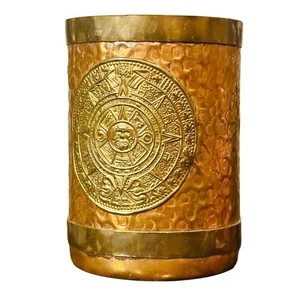 Vintage Hammered Copper and Brass Mug with Mayan Calendar  - Picture 1 of 7