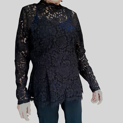 H+M black lace blouse Women L (slim)(C36)black tank lining/L.S./zip neck close - Image 1 of 4