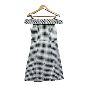 Review Dress Size 10 Black White Check Off the Shoulder Lined - Picture 1 of 11