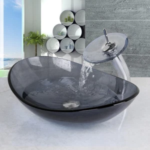 Oval Bathroom Bowl Tempered Glass Vessel Sink Faucet Pop-up Drain Basin ComboSet - Picture 1 of 6