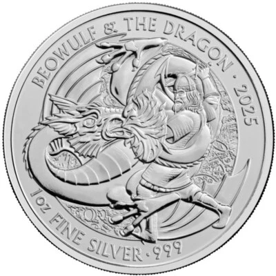 BEOWULF & DRAGON Miti e Leggende 1 oz Moneta Argento Regno Unito 2025 silver UNC - Immagine 1 di 2