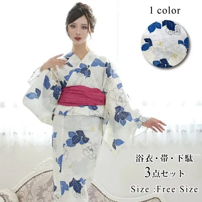 Japanese Yukata Kimono 3-piece set with a Layered Peony Blossoms Delicate Beauty - Image 1 of 4