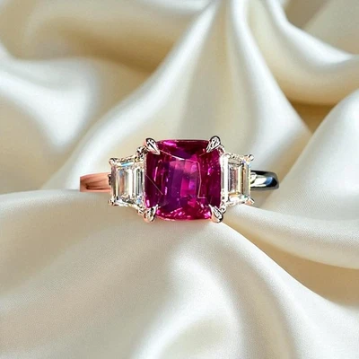 2.60 Ct Lab Created Red Ruby & Diamond Wedding Ring Cushion Cut 950 Platinum - Image 1 of 4