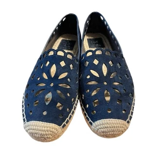 TORY BURCH May Espadrille Flats Women SZ 9.5 Kid Suede Navy Blue Tan New in Box - Picture 1 of 12