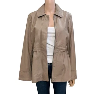 Boston Proper Shaped Leather Utility Jacket Small Minimalist Zip Up Taupe Casual - Picture 1 of 9