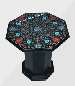 Mesa de comedor de café de mármol negro 24" incrustación de malaquita lapislázuli con soporte de mármol - Imagen 1 de 4