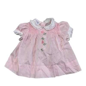 Polly Flinders Vintage Baby Handsmocked Dress Short Sleeve Lace Size Pink 12M - Picture 1 of 10