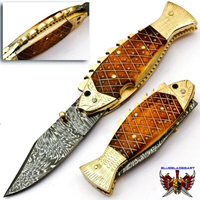BLUEBLADESART Fish Mouth Closed Pocket Folding Knife Brass & Bone Handmade Golden Fish