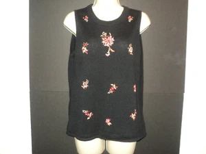 Kathie Lee Collection Knit Sleeveless Sweater Top Shell Sz L Black w/ Embroidery - Picture 1 of 4