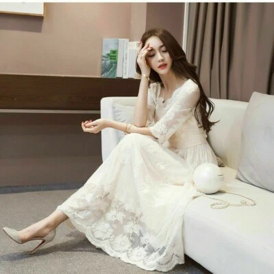 Femmes Dentelle Robe Mi-Longue Maille Ruche Floral Carré Col Soirée Rétro Fairy - Photo 1/4