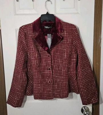 Allegra K Jacket Blazer Women’s Medium Burgundy Velvet Velour Collar Career NWTS - Image 1 of 4