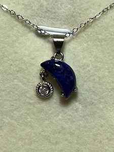 Natural Blue Lapis Lazuli Moon Star Pendant 925 Sterling Silver Necklace - Picture 1 of 7