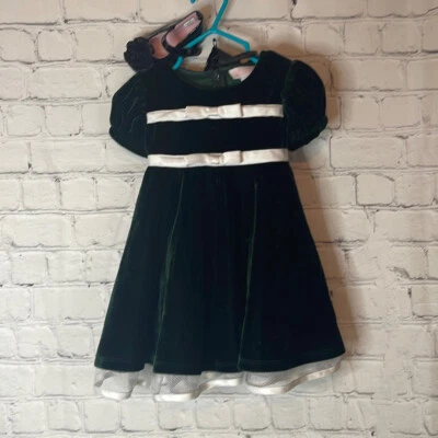 Bonnie Baby Green Velour Christmas Dress with White Trim size 12months  - Image 1 of 4