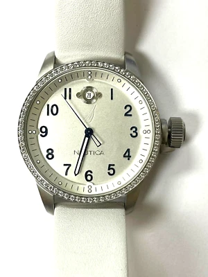 Nautica Silver Tone White Leather Prism Dial Crystal Bezel Watch A20001L - image 1 of 2