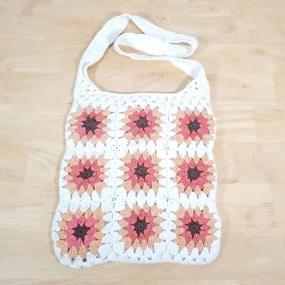 White Flower Granny Crochet Shoulder Purse Boho Cottagecore Tote Bag White Peach - Image 1 of 4
