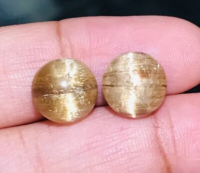 9.75cts 10mm Round Pair Natural Golden Rutilated Quartz Catseye Loose Gemstone - Image 1 of 3