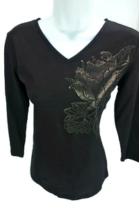 Small Rebecca Malone Cotton Black Rose Flower Pullover T Shirt Top 3/4 Sleeve VN - Picture 1 of 6