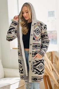AUF BLAU AZTEKISCH SHERPA CARDIGAN PULLOVER WESTERN böhmisch Yellowstone Kapuze SML - Bild 1 von 10