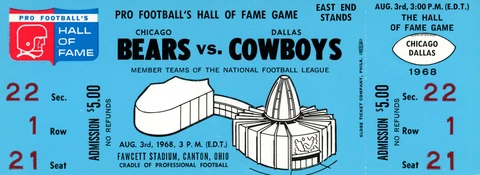 1968 Hall Of Fame Game Ticket Chicago Bears vs Dallas Cowboys 37515 Cover