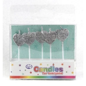 Silver Glitter Heart Cake Candles Pkt 5 Birthday Celebration Party 30mm Topper - Picture 1 of 1
