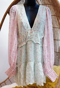Hemant & Nandita Sana Long Sleeve Mini Dress In Pink Blue Green Ruffle Size M - Picture 1 of 18