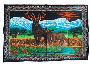 Azhari Trading Velvety Deer Buck Mountains Sunrise Tapestry Wall Hanging 37”x56” - Picture 1 of 5