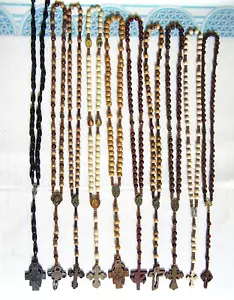 10 Pcs Set Brown Red Beige Black Wooden Beads Rosary Necklace Woodcut Cross NEW - Picture 1 of 14