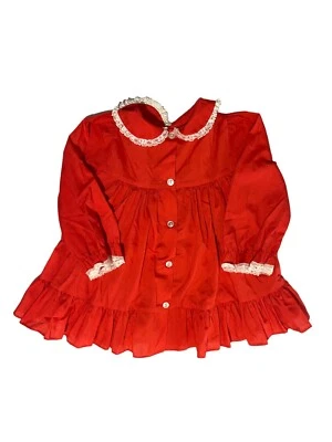 Vintage Bryan Red White Long Sleeve Lace Trim Dress 12M Toddler Girl USA Ruffle - Image 1 of 4