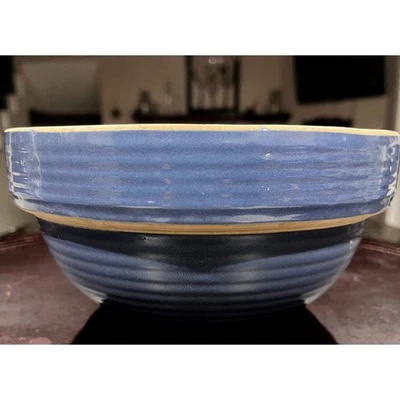 Cuenco mezclador de gres vintage azul amarillo ~ exterior acanalado ~ borde natural 8" Foto 1 de 4