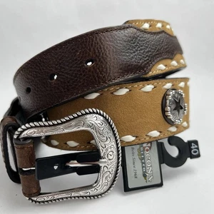 NOCONA Cinturón Cuero Occidental Para Hombres 40 Conchos Grabado Plata Pin Hebilla Marrón Tostado - Imagen 1 de 24