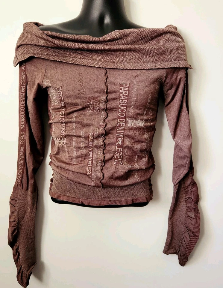De Colección Años 90 Parasuco Denim Damas Marrón Fuera del Hombro Body Con AOP Logo Spellout Top M Foto 1 de 4