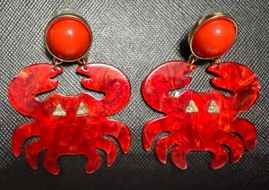 Vintage rote Koralle Krabbe Aqua Sea Life Ohrringe 2" funkelnde Augen - Bild 1 von 5