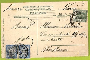 52321 - CEILÁN - Historia Postal - POSTAL a FRANCIA - Impuesto a la LLEGADA 1912 - Imagen 1 de 1