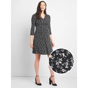 NWT Gap Black Floral Print Wrap Dress Sz M Maternity Nursing Stretchy - Picture 1 of 6