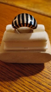 .925 Black Onyx Striped Silver Dome Deco Wide Band Ring Sz 7.75 - Picture 1 of 13
