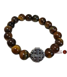 Naturstein Tigerauge mit Jerusalem Kreuz Armband 10mm Perlen - Bild 1 von 4