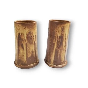 Vintage Pottery Vase Set Drip Glaze Stoneware Pair Cup Decorative SIGNED Art 70s - Picture 1 of 16