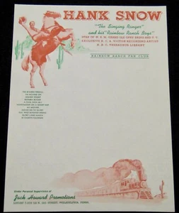 Vintage 1950's HANK SNOW Singing Ranger letterhead PROMO FULL SHEET! BOND rare! - Picture 1 of 4