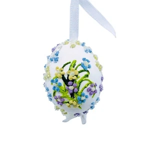 Easter Ornament: Peter Priess Easter Egg; Real Egg, Beaded Pastel Floral Motif - Picture 1 of 8