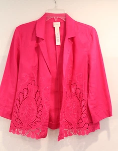 Chico's Linen Open Blazer Jacket Womens size 0 Pink Embroidered Cutout - Picture 1 of 8