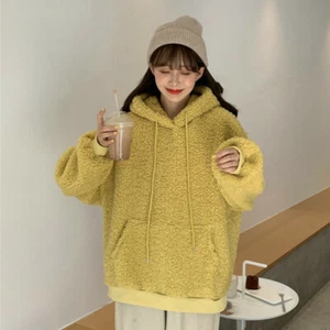 Lady Hooded Jumper Sweatshirt Pullover Top Fluffy Fleece Fur Plush Bear Ear Cute - Picture 1 of 17