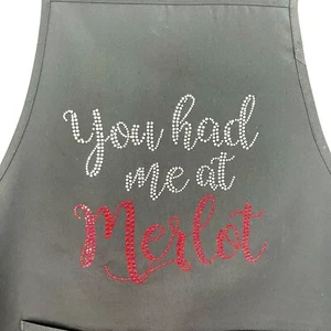 Rhinestone Apron Black "You Had Me At Merlot" With Two Pockets Brand New - Picture 1 of 6