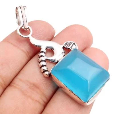 Blue Chalcedony Gemstone Silver Plated Pendant Handmade Jewelry Gift 1.85" - image 1 of 3