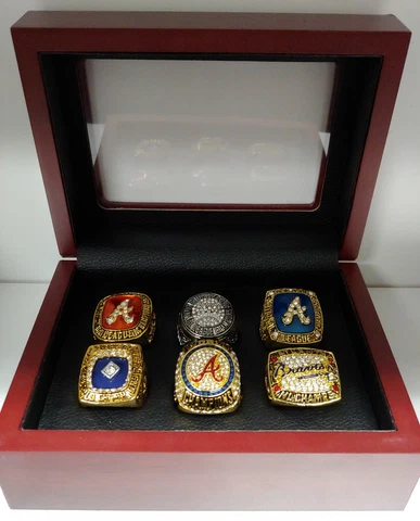 Atlanta Braves - World Series and NL Pennant 6 Ring Set With Wooden Display Box Cover