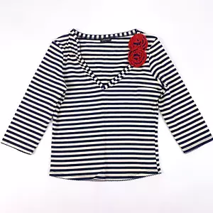 Karen Millen Blue Red Rosette Striped V-Neck 3/4 Sleeve Stretch Shirt Size 2 - Picture 1 of 7