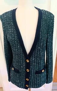 St John Knits Boucle Jacket Navy Size L W/ 4 Gold Buttons 2/Outside Pkts - Picture 1 of 9