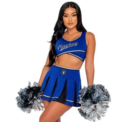 Cheerleader Costume Set Playboy Crop Top Pleated Mini Skirt Pom Poms Blue PB138 - Image 1 of 4