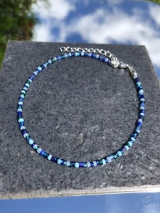 OCEAN BLUE HANDMADE SEED BEAD ANKLE BRACELET, CHAIN, ANKLET - Picture 1 of 1