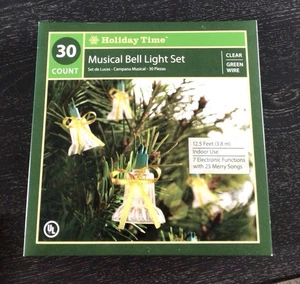 Holiday Time 30 Count Musical Bell Christmas Light Set Clear-Green Wire 25 Song - Picture 1 of 9